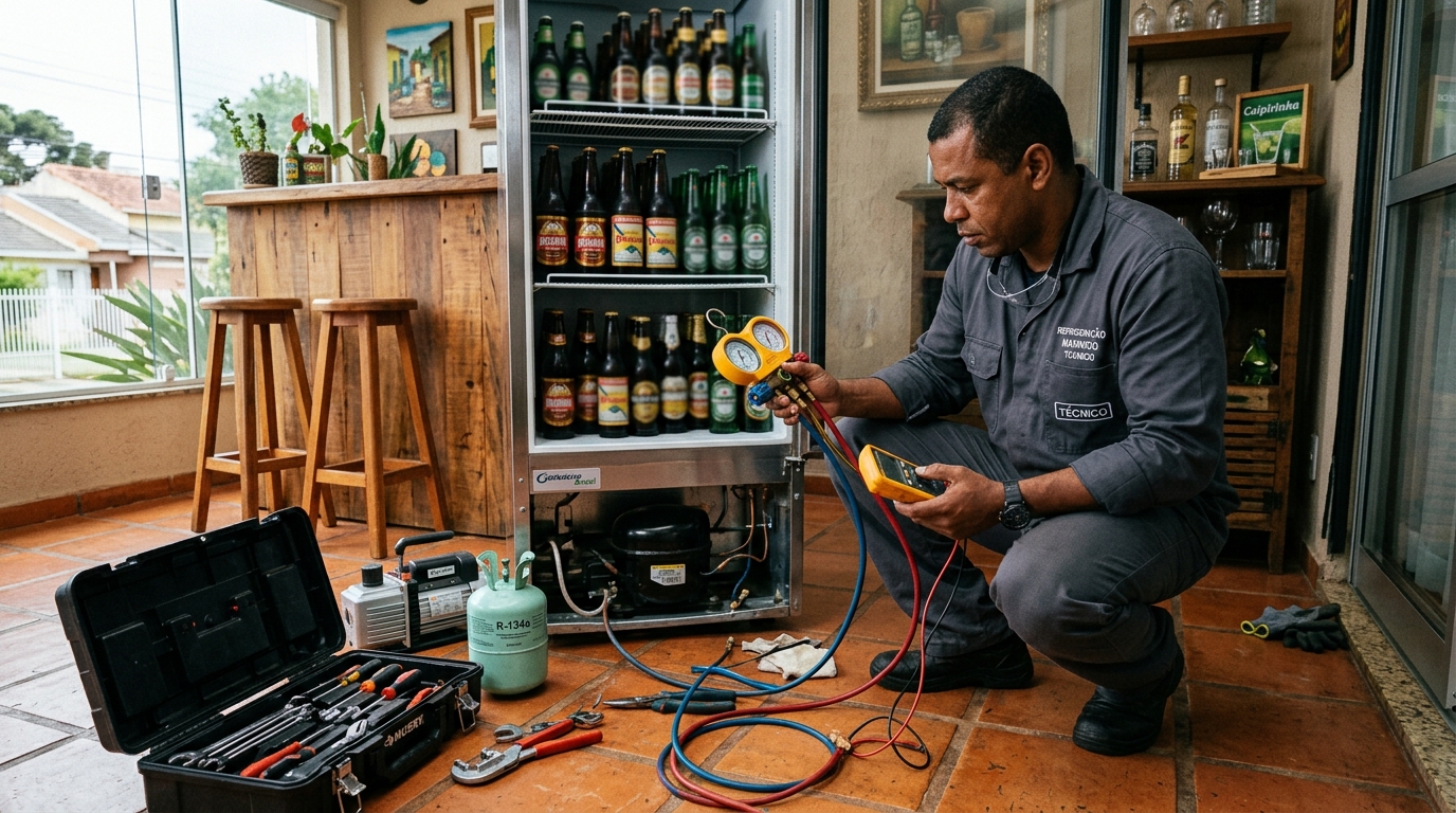 Profissional executando reparo no motor de cervejeira em Prazeres, Jaboatão dos Guararapes‑PE
