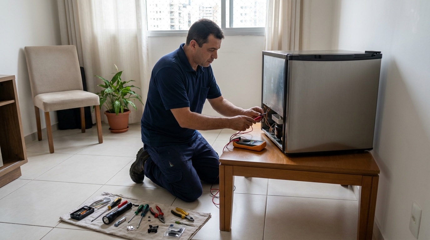 Técnico fazendo manutenção do motor de frigobar nos Guararapes, Jaboatão dos Guararapes‑PE